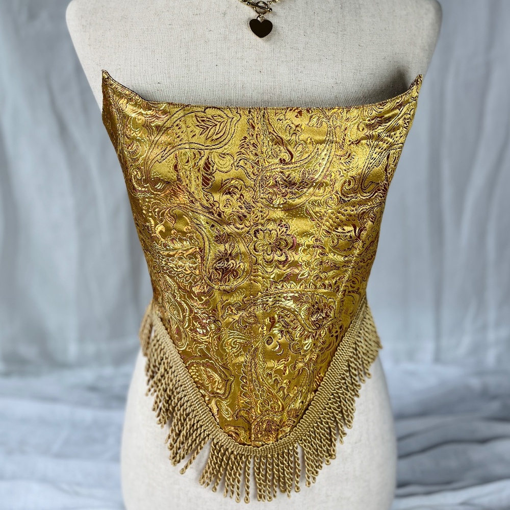 Gold Brocade Corset Top: Handcrafted Gold Fringe One-of-One Size Small